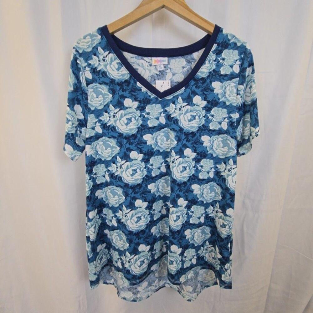 LuLaRoe Shirt Womens XL Blue Floral Christy T V Neck Tunic Tee Top Stretch